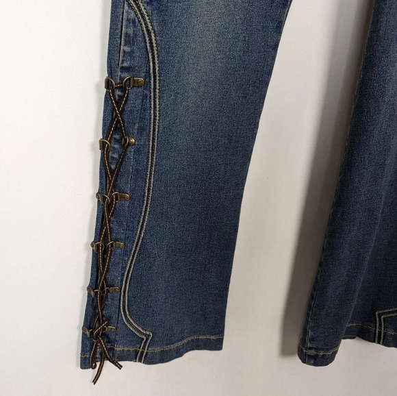 VINTAGE Y2K Single sz. 10 Lace Up Hem Flare Bell Bottom Jeans Bratz Spice Girls - Picture 7 of 14